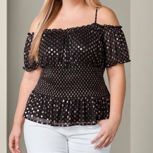 Venus, Blouse, Black w/ Gold Polka Dots, Off-Shoulder Shirred Top, Size Large